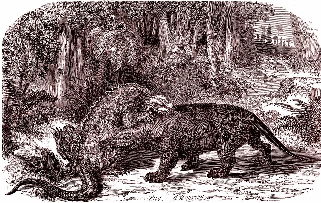 O Iguanodon e o Megalosaurus (gravura de Edouard Riou
