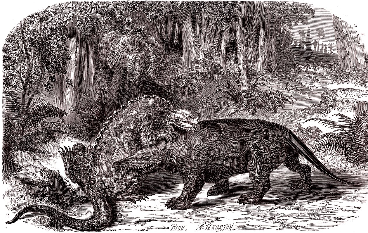 O Iguanodon e o Megalosaurus de Edouard Riou