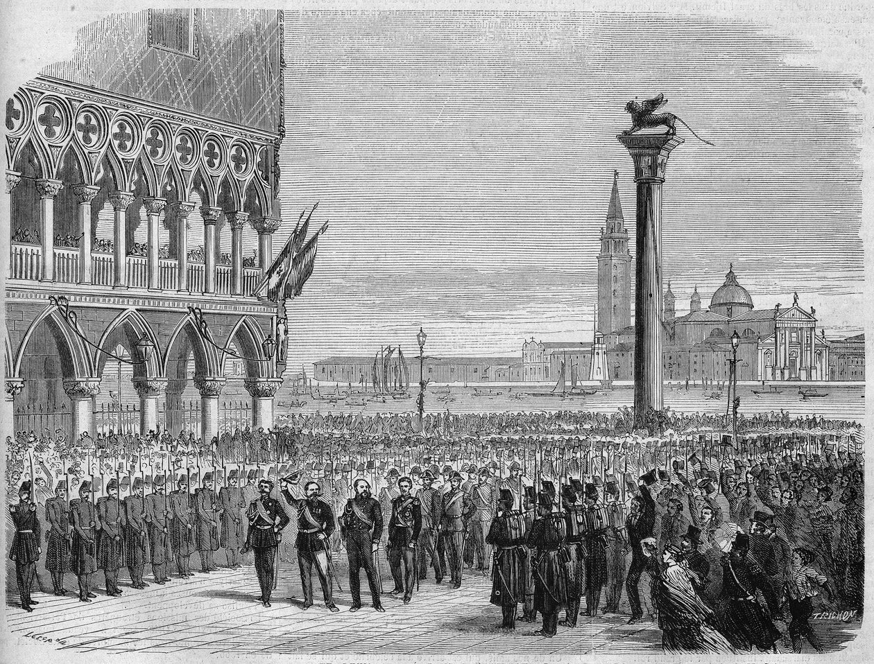 O Rei da Itália Victor Emmanuel II (Vittorio Emmanuel) (Vittorio Emanuele) em Veneza, na Praça de São Marcos. Após a derrota dos austríacos em Sadowa, Veneza foi recuperada para o Reino da Itália em 1866. Gravura depois de um sorteio de Crepon e Riou. Em " de Edouard Riou