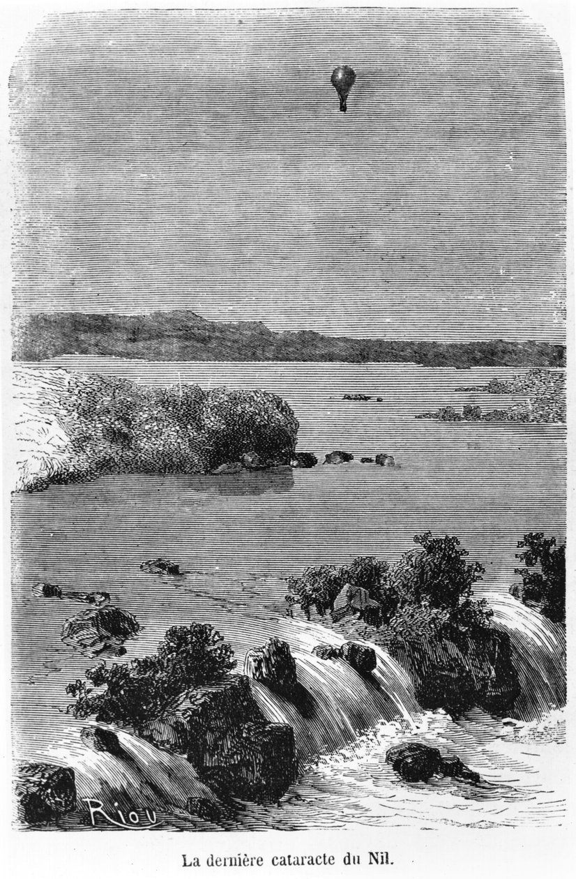 A última catarata do Nilo, ilustração de &39;Cinco semanas em um balão&39; por Jules Verne (1828-1905) Paris, Hetzel de Edouard Riou