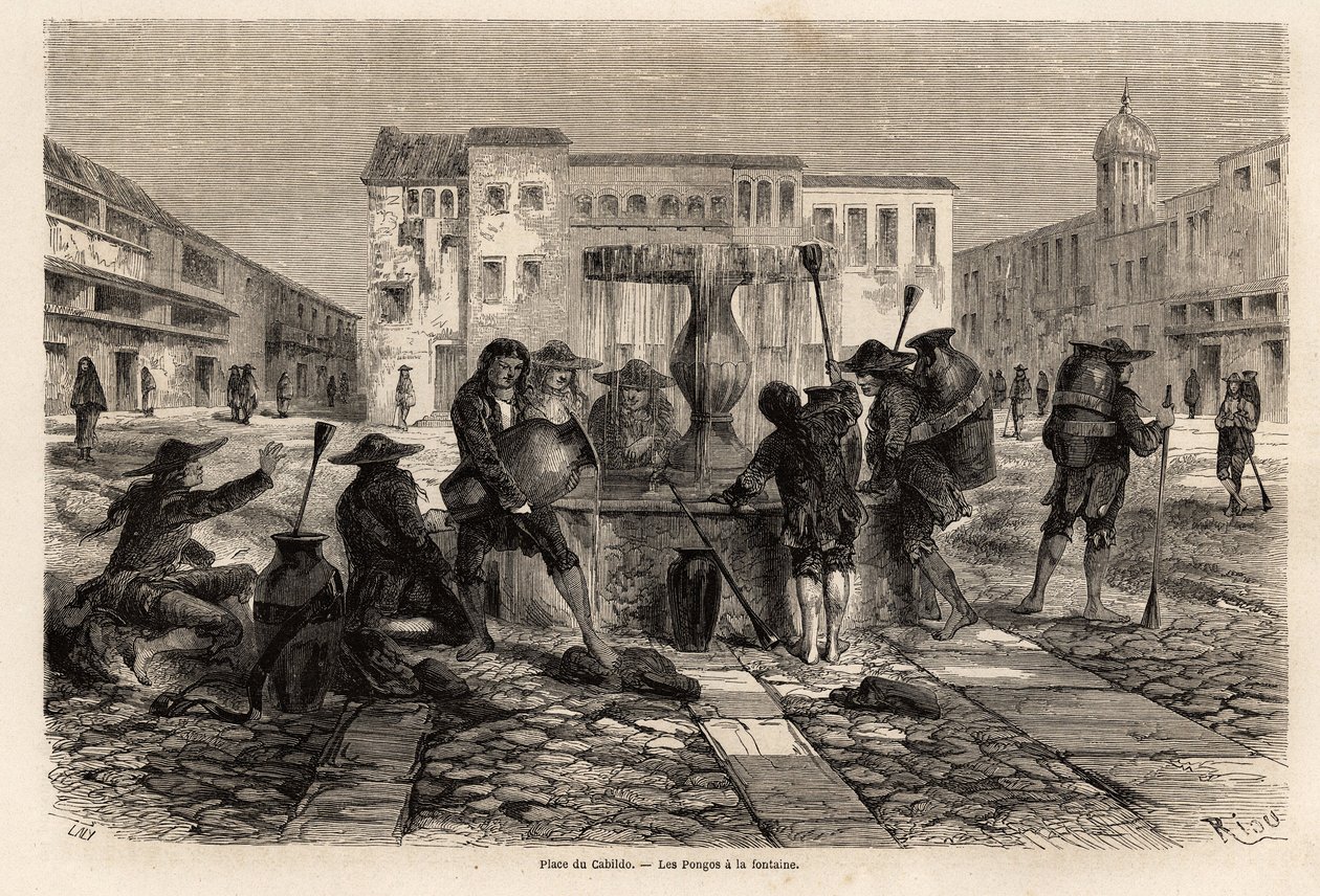 Os Pongos, índios submetidos à servidão, na fonte, na praça do cabildo, em Cuzco, desenho de Riou, para ilustrar a viagem pela América do Sul, de 1848 a 1860, de Paul Marcoy. Gravura em "Le tour du monde", editado por Edouard C de Edouard Riou