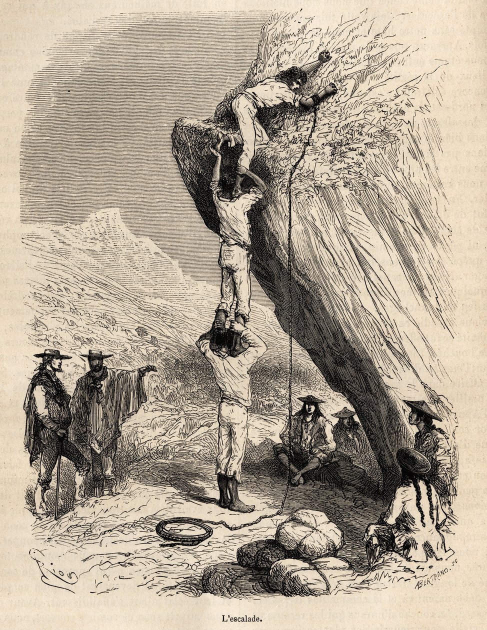 A subida dos picos dos Andes pela expedição Marcoy requer o meio mais acrobático: aqui, para subir um pitão rochoso, os índios sobem nos ombros uns dos outros para chegar ao cume, gravados por E.Riou ilustrando a viagem entre a serra, de Edouard Riou