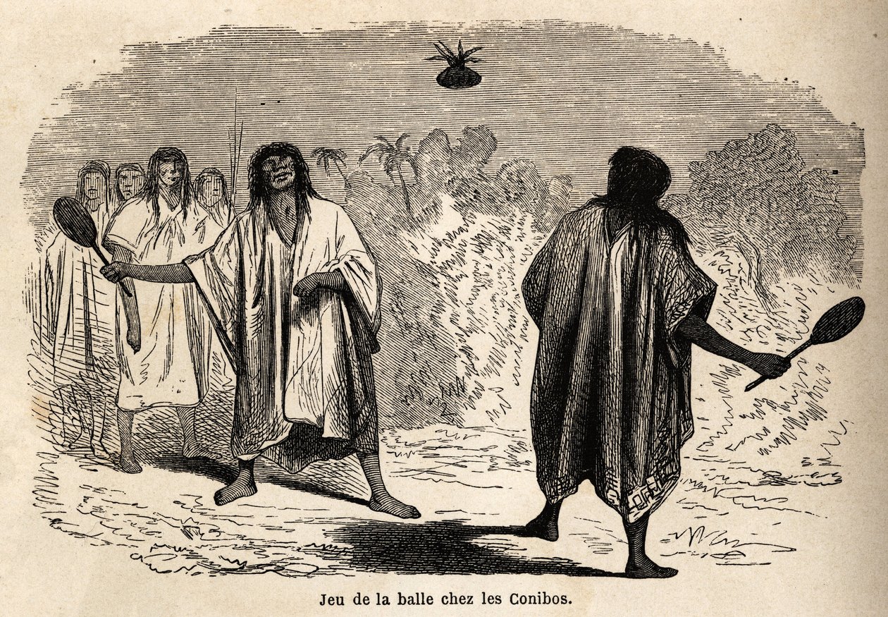 O jogo da bola, entre os conibus indianos do Peru, desenhado por Riou para ilustrar a viagem, de 1848 a 1860, de P. Marcoy, do Oceano Pacífico para o Oceano Atlântico. Gravura em "Le tour du monde", editado por Edouard Charton de Edouard Riou