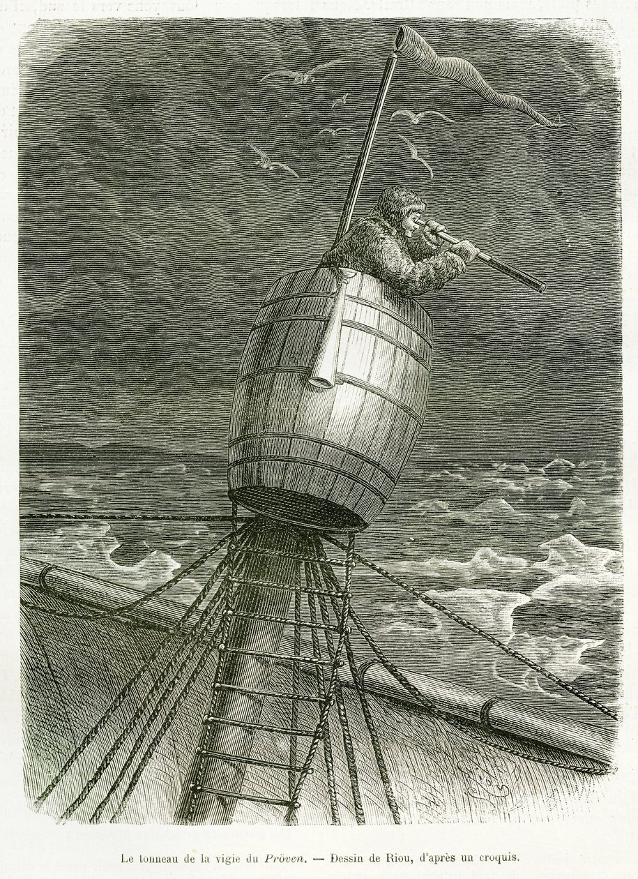 O barril do relógio do barco Provado, desenho de Riou, para ilustrar a história do Professor Nils Adolf Erik (Eric) Baron Nordenskjold (Nordenskiold) (1832-1901): Expedição polar sueca, em 1875. Gravura em Le tour du monde de Edouard Riou