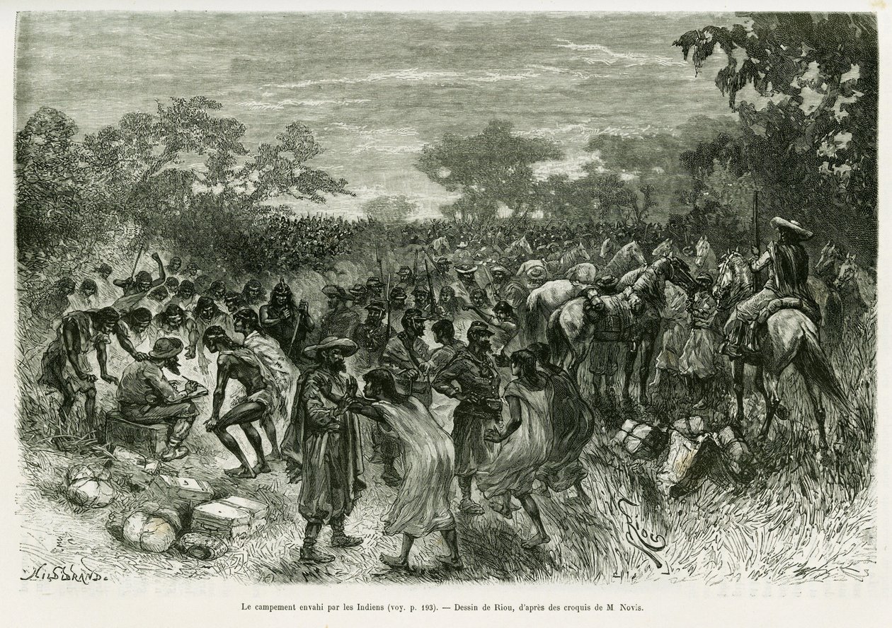 O acampamento invadido pelos índios. Gravado por Riou, para ilustrar a história Voyage dans le Chaco Boreal de Edouard Riou
