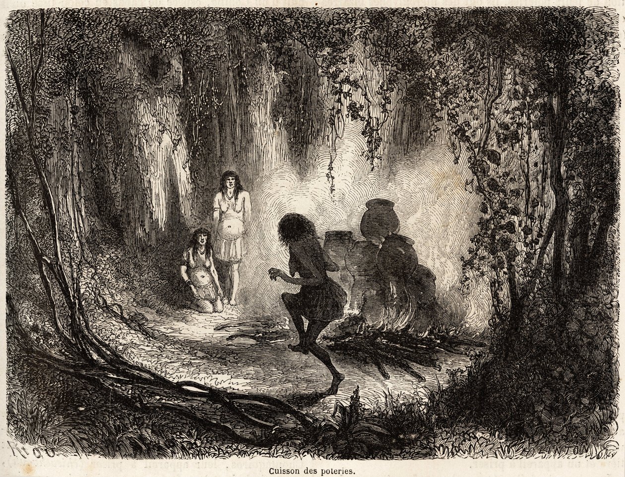 A cozinha da olaria dos índios Conibo do Peru, com a presença de uma velha mulher que canta e dança ao redor do fogo para evitar que espíritos malignos venham tocar e quebrar a olaria, desenhada por Riou para ilustrar a viagem, de 1848 a 1860, de de Edouard Riou
