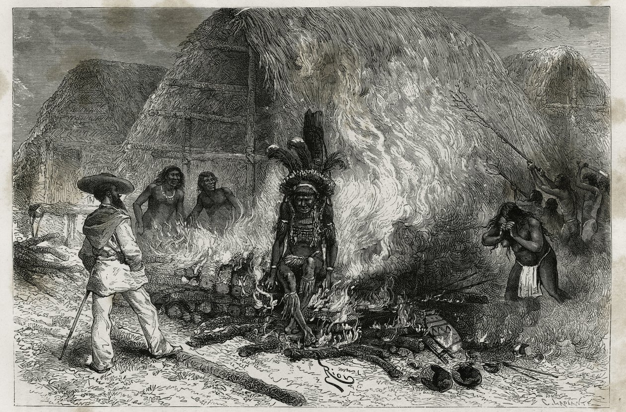 A cremação de um Roucouyenne (ou wayana), tribo que vive ao longo dos rios Mana e Maroni, de frente para o Bucher, Dr. Crevaux, gravada por Riou, para ilustrar a viagem de exploração no interior da Guiana pelo Dr. Jules Crevaux, médico da marinha francesa, de Edouard Riou