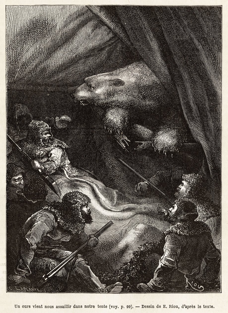 A tripulação do navio La Germania, descendo no gelo para uma caça, montou uma tenda para bivouac, que é visitada por um urso polar quando os homens foram apreendidos para se deitarem, gravando após o desenho de E.Riou, ilustrando uma viagem para o Pólo Nor de Edouard Riou