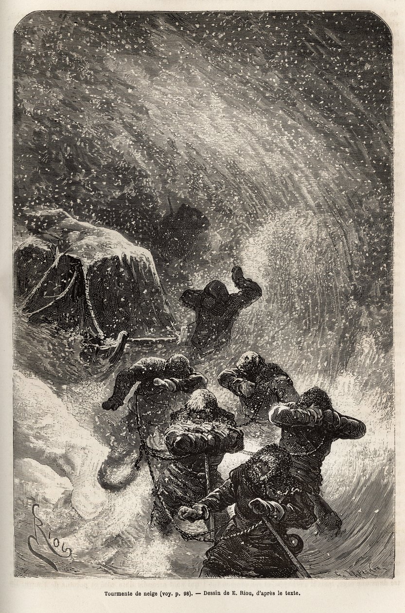 A tripulação do navio La Germania, descendo no gelo para uma caça de caça, foi surpreendida por uma tempestade de neve durante o reboque do trenó contendo seu material, gravada após o desenho de E.Riou, ilustrando uma viagem para o Pólo Norte em 1869-1870  de Edouard Riou