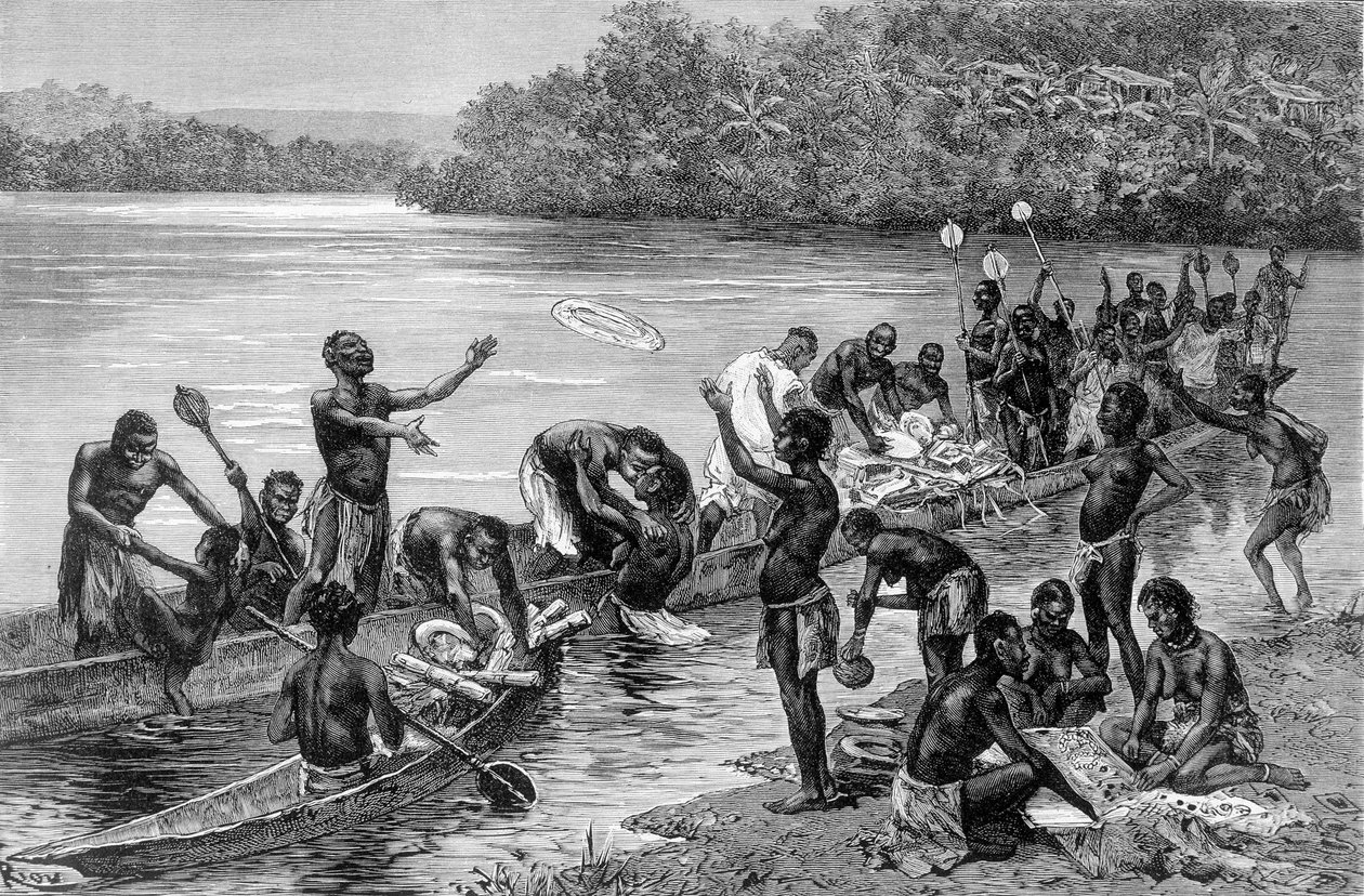 As diferentes atividades da tribo da aldeia de Adouma na África. Em "Journey in the West African" por Brazza de Edouard Riou