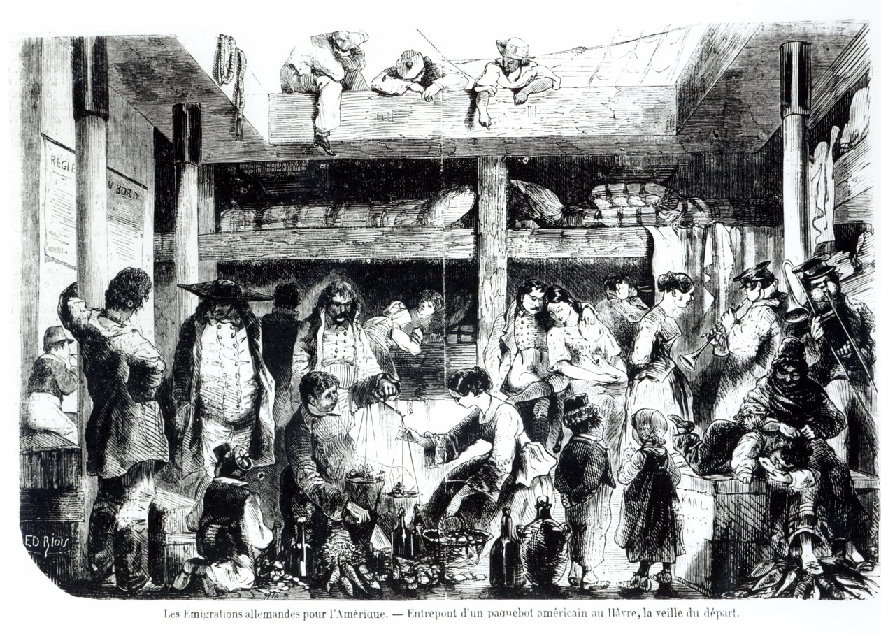 Véspera de partida para a América - emigrantes alemães que partem para os EUA na seção de pilotagem de um navio de cruzeiro americano no porto de Le Havre, c.1850 de Edouard Riou