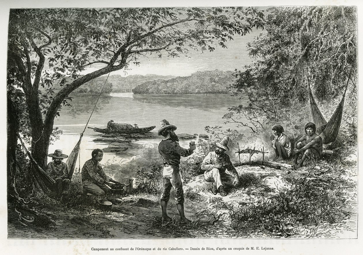 O acampamento dos exploradores, na confluência do Orenoque e do rio Cabullero. Gravura de Riou, para ilustrar a viagem de exploração por Nova Granada e Venezuela, do Dr. Crevaux, médico de primeira classe da marinha e E.Lejeanne, farmacêutico marinho. de Edouard Riou