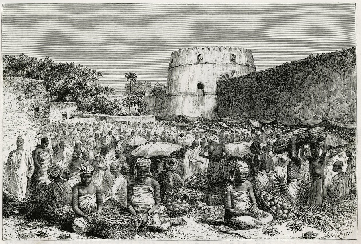 O mercado de frutas de Zanzibar (Tanzânia). Gravura de Riou, para ilustrar a história "Journey to the Benadir, the Omalis and the Bayoun", em 1882- 1883, de M.G.Revoil. Publicado na revista Le Tour du monde, nouveau journal des voyages. de Edouard Riou