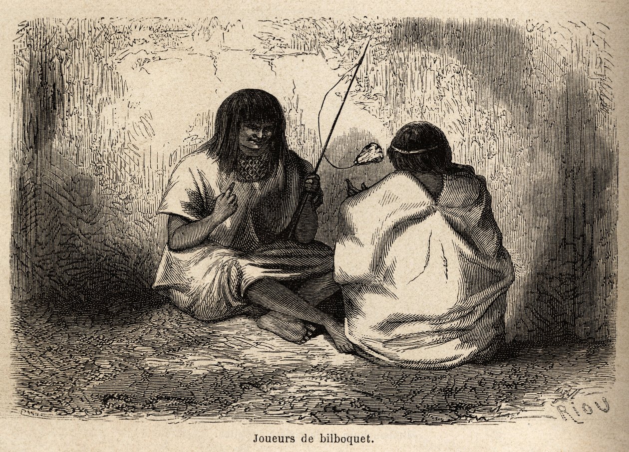 O jogo do bilboquete, com cabeça de tartaruga, entre os índios Conibos do Peru, desenhado por Riou para ilustrar a viagem, de 1848 a 1860, de P. Marcoy, do Oceano Pacífico para o Oceano Atlântico. Gravura em "Le tour du monde", editado por Edoua de Edouard Riou