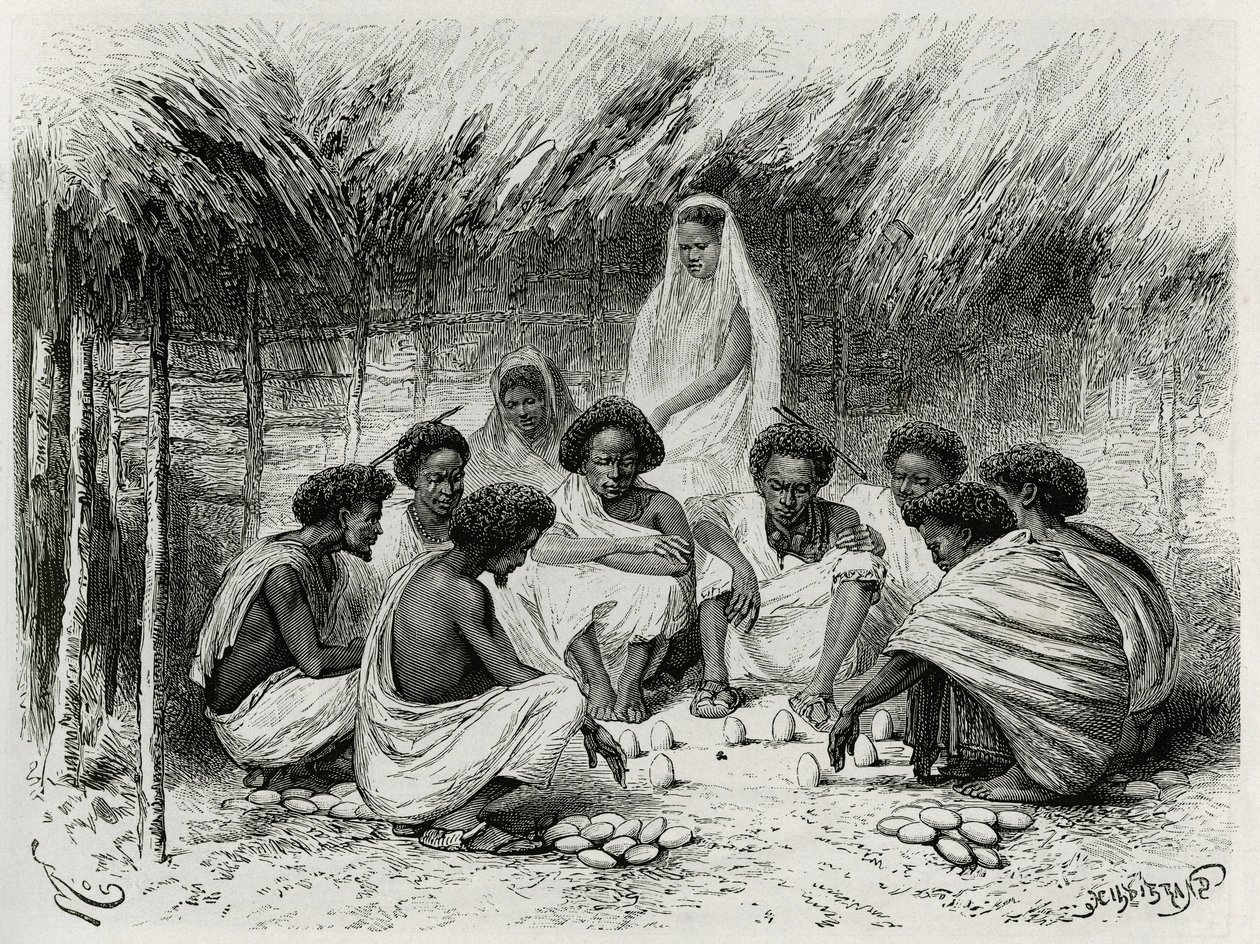 O jogo da taça, ou jogo da mosca, na frente de cada jogador sua aposta, aqui uma planta de ovo na areia, então todos esperam em silêncio que uma mosca pouse em um ovo e atraiam o vencedor que ganha todas as apostas, em somali (ou somalis). Gravado por Riou de Edouard Riou