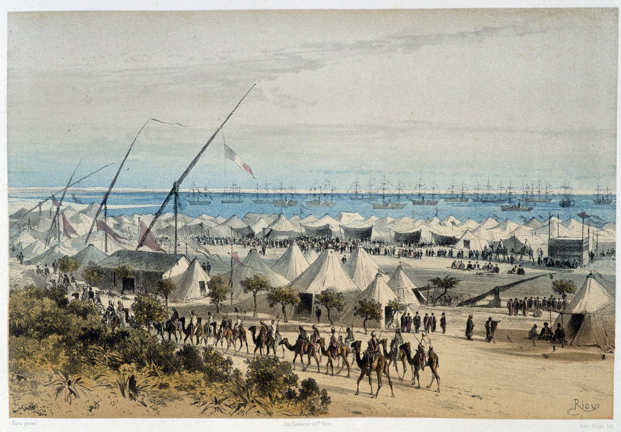O porto de Ismalia e o acampamento de convidados na inauguração do Canal do Suez - in "Through the Isthmus of Suez" de Riou, Marius Fontaine de Edouard Riou