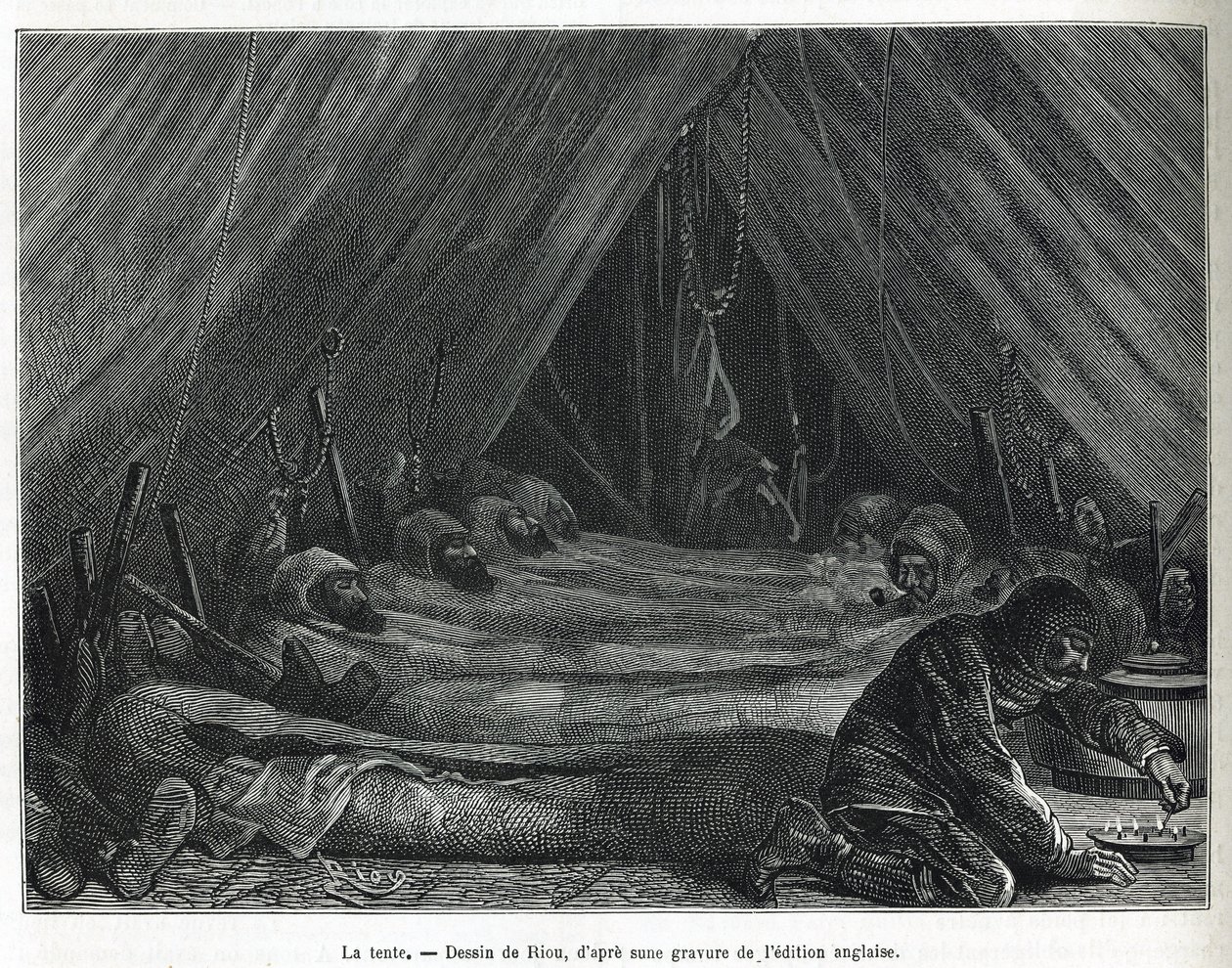 O interior da tenda no bloco de gelo, desenhado por Riou, para ilustrar a história de uma viagem ao mar polar em 1875-1876, pelo Capitão G.SNares (1831-1915). Gravura em Le tour du monde de Edouard Riou