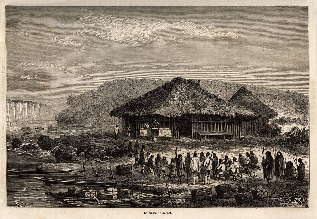 A missa da partida em Echarati (Peru), assistida pelos nativos convertidos, desenhada por Riou, ilustrando a viagem de Paul Marcoy do Oceano Pacífico para o Oceano Atlântico de 1848 a 1860. Gravura em "Le tour du monde", editado por Edouard Chart de Edouard Riou
