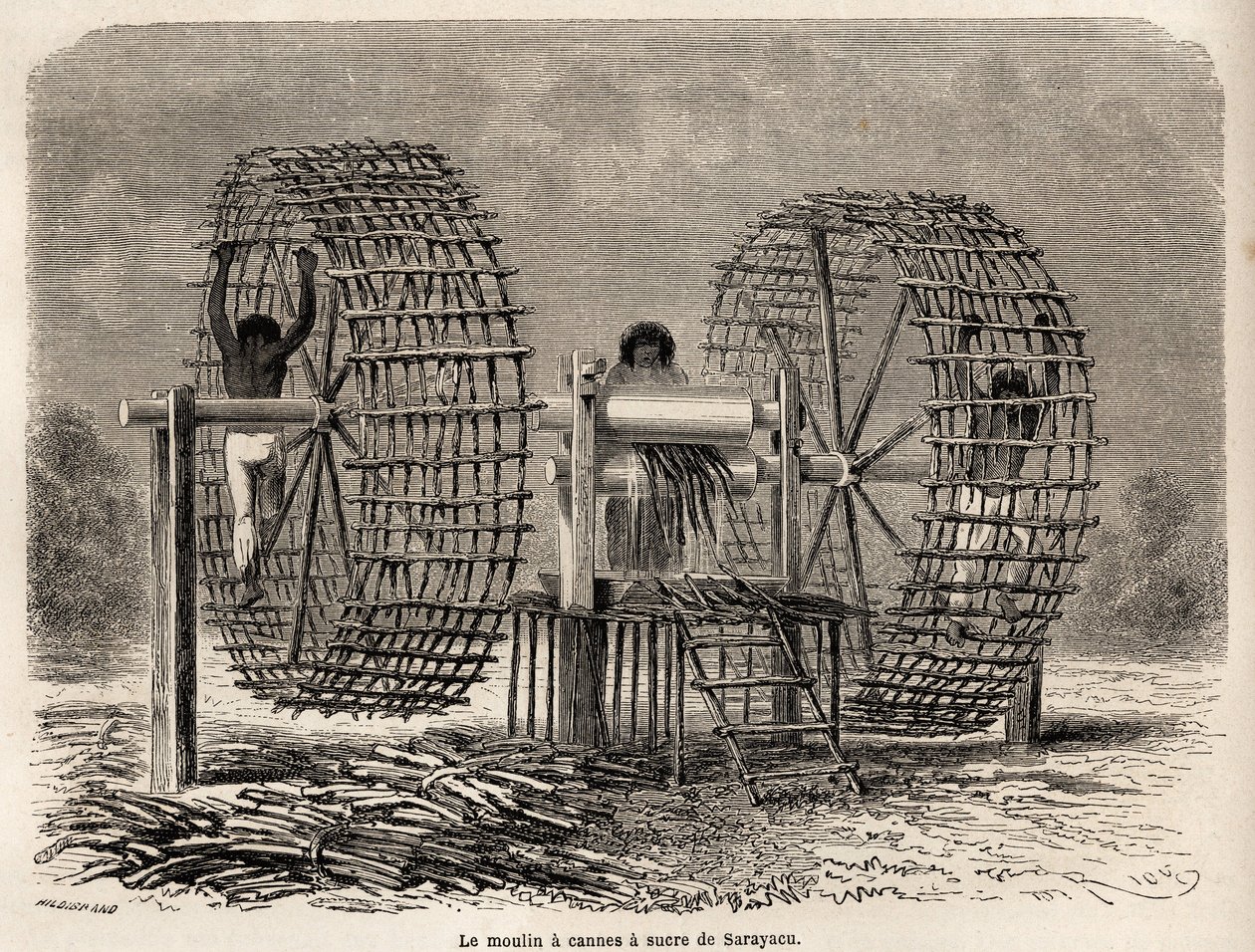 O moinho para moer cana de açúcar de Sarayacu (Peru), desenhado por Riou, para ilustrar a viagem de Paul Marcoy do Oceano Pacífico ao Oceano Atlântico de 1848 a 1860. Gravura em "Le tour du monde", editado por Edouard Charton de Edouard Riou
