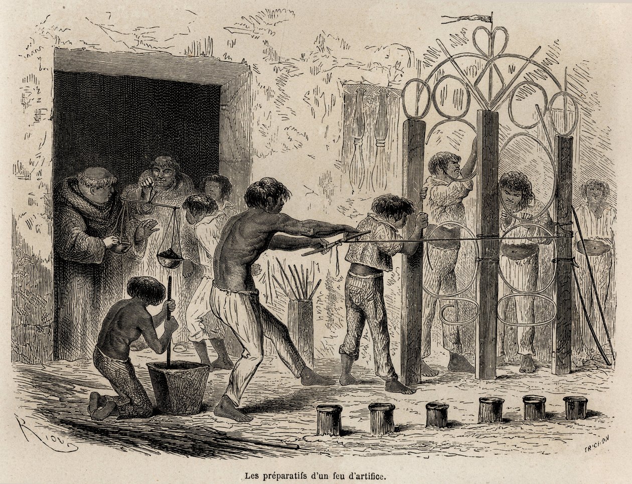 A preparação de fogos de artifício em Sarayacu (Peru), desenho de Riou, para ilustrar a viagem de Paul Marcoy do Oceano Pacífico para o Oceano Atlântico de 1848 a 1860. Gravura em "Le tour du monde", editado por Edouard Charton de Edouard Riou