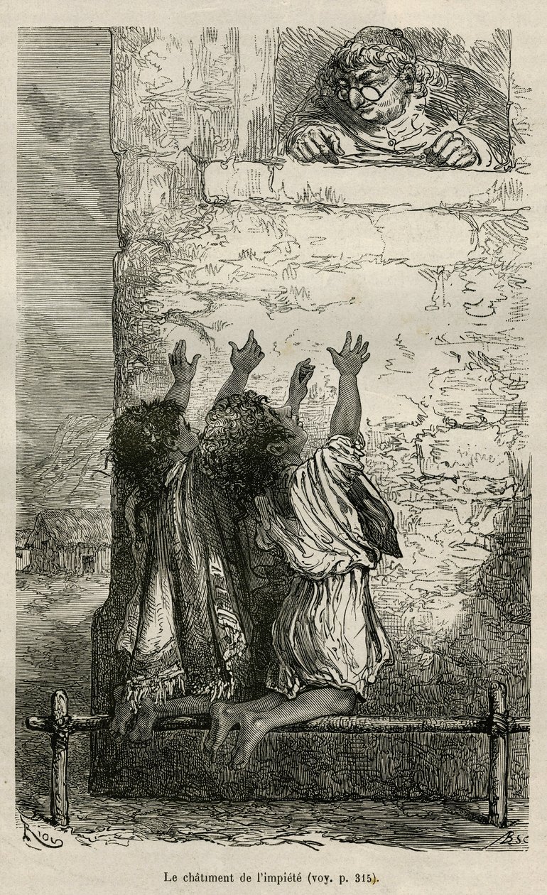 O castigo do impetuoso, duas crianças estão ajoelhadas num poste colocado em cavilhas e assistidas no seu tormento pela paróquia da aldeia, desenhada por E.Riou, para ilustrar a viagem na região de Titicaca e nos vales do leste do Baixo Peru, i de Edouard Riou