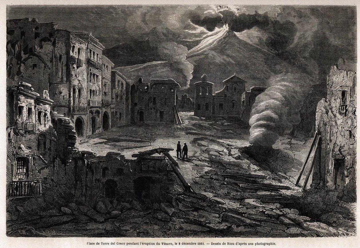 A praça da Torre del Greco, durante a erupção da Vesúvia, 8 de Dezembro de 1861, desenhada por Riou, para ilustrar os passeios de Marc Monnier por Nápoles, em 1862. Gravura em "Le tour du monde", editado por Edouard Charton de Edouard Riou