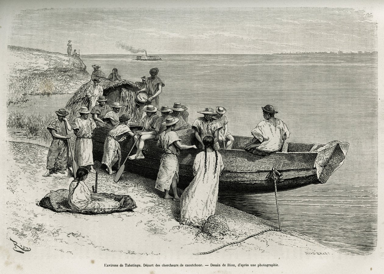 O início dos pesquisadores da borracha, nas proximidades de Tabatinga (região do alto Amazonas). Gravura de Riou, para ilustrar a história de Cayenne aux Andes, de Jules Crevaux, médico da marinha francesa, em 1878-1879, publicada no Tour du monde, sob a d de Edouard Riou