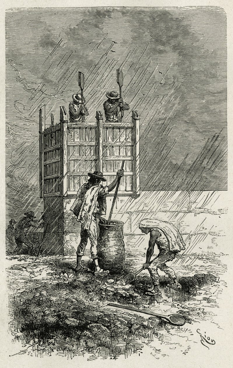 O tapial, uma técnica antiga de construção de paredes de barro usando uma cofragem de madeira, compacta por encravamento e seca pelo sol, gravada por Riou, para ilustrar a história L