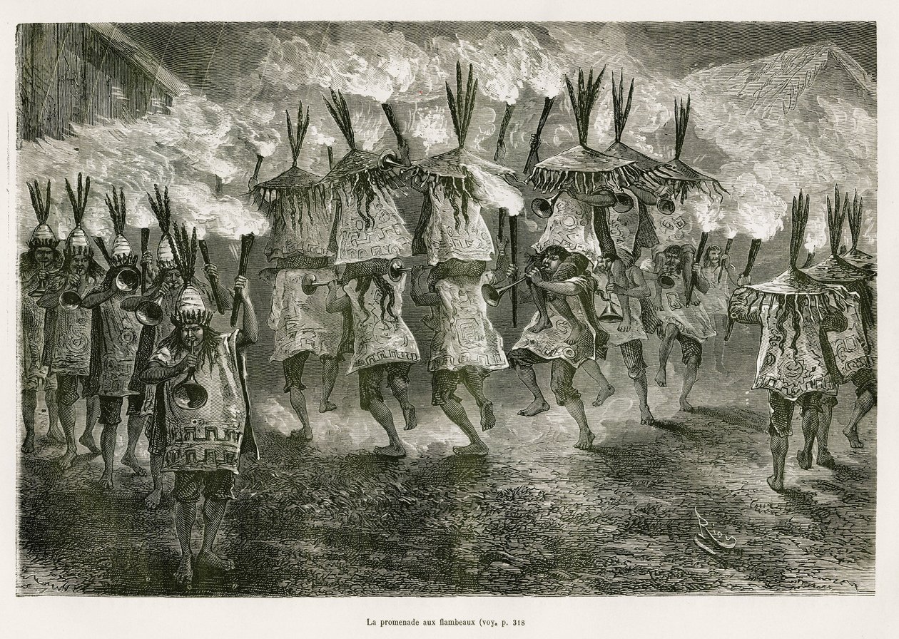 A lanterna caminha pelas ruas de San José, desenhada por E.Riou, para ilustrar a viagem na região de Titicaca e nos vales do leste do Baixo Peru, em 1873 por Paul Marcoy. Gravura em Le tour du monde de Edouard Riou