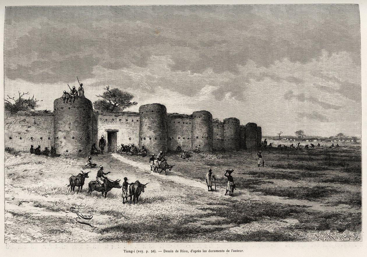 A cidade de Tiong-Gi (Tiong Gi, Mali), com as suas fortificações e torres de barro. Gravura de Riou, para ilustrar a história "From Niger to the Gulf of Guinee" do Capitão Louis Gustave Binger (1856-1936), em 1887-1889, no Le tour du monde, nouveau journal de Edouard Riou