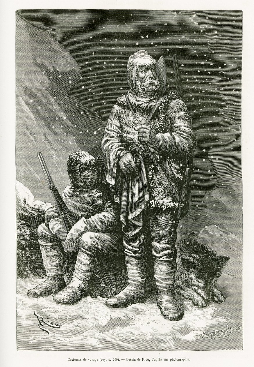 O fato de viagem do Tenente Payer e do Tenente Weyprecht, várias espessuras de roupa para combater as tempestades de neve, um casaco de couro retráctil para proteger o rosto da geada, botas e luvas feitas de véu e flanela e óculos pesados. Gravação af de Edouard Riou