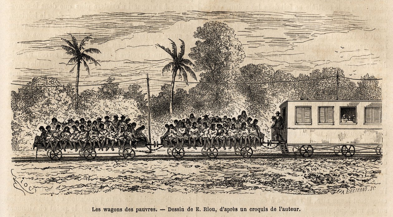 O vagão dos pobres dos trens paraguaios, plataformas simples presas à cauda dos trens em que os passageiros se amontoam após a partida da estação da Assunção, gravado após o desenho de E.Riou, ilustrando a viagem a P de Edouard Riou