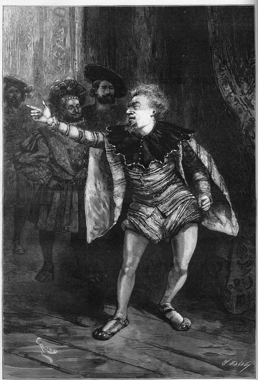 Representação teatral: "O Rei diverte-se" de Victor Hugo (1808-1883). Acto III cena III: Antechamber of the Louvre, Triboulet (Edmond Got de Edouard Riou