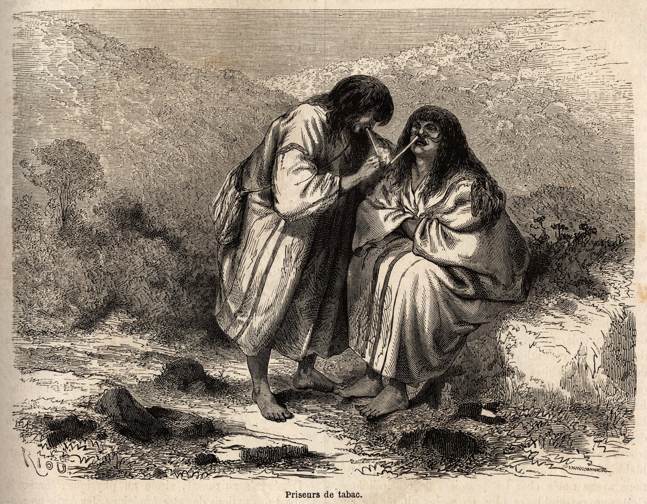 Leilões de tabaco, maquiagem de acordo com a tradição da tribo dos Antis (Peru), desenho de Riou, ilustrando a viagem de Paul Marcoy do Oceano Pacífico para o Oceano Atlântico de 1848 a 1860. Gravura em "Le tour du monde", editado por Edouard de Edouard Riou