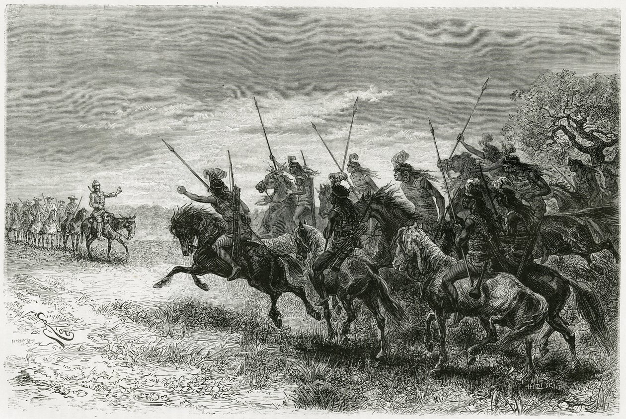 Índios Tobas (da região do Chaco, entre Paraguai e Bolívia) recusam-se a passar para a coluna da expedição de Thouar. Gravado por Riou, para ilustrar a história "Em busca dos restos da missão Crevaux", em 1884, de A. Thouar (1853- desaprovar de Edouard Riou