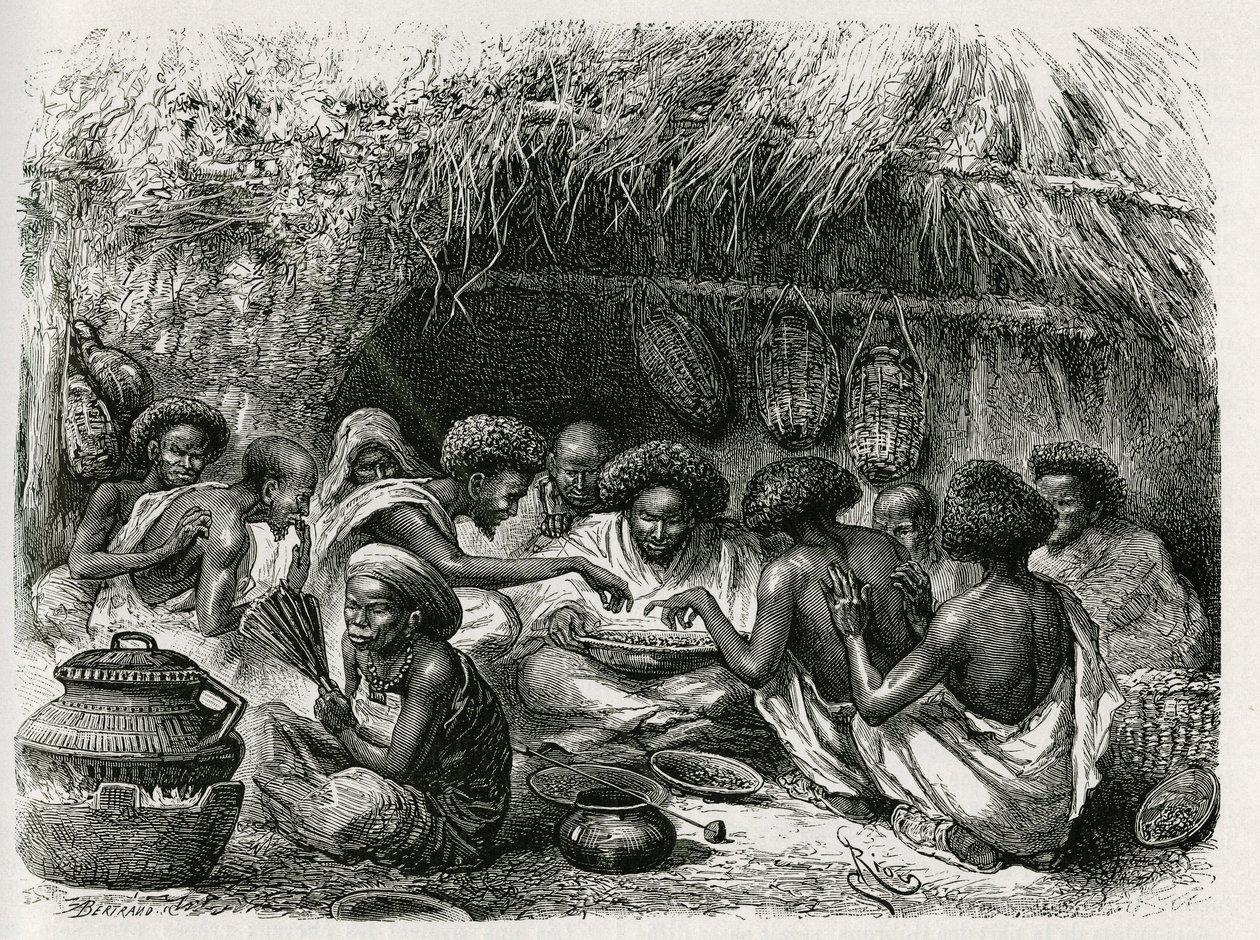 Sanita do café, a mulher tem o ventilador que ativa o fogo que aquece os grãos de café, uma vez riscados na gordura, o café é derramado com óleo em um prato grande e circula entre os convidados somalis, cada um ungido com uma gota de óleo sobre as orelhas, de Edouard Riou