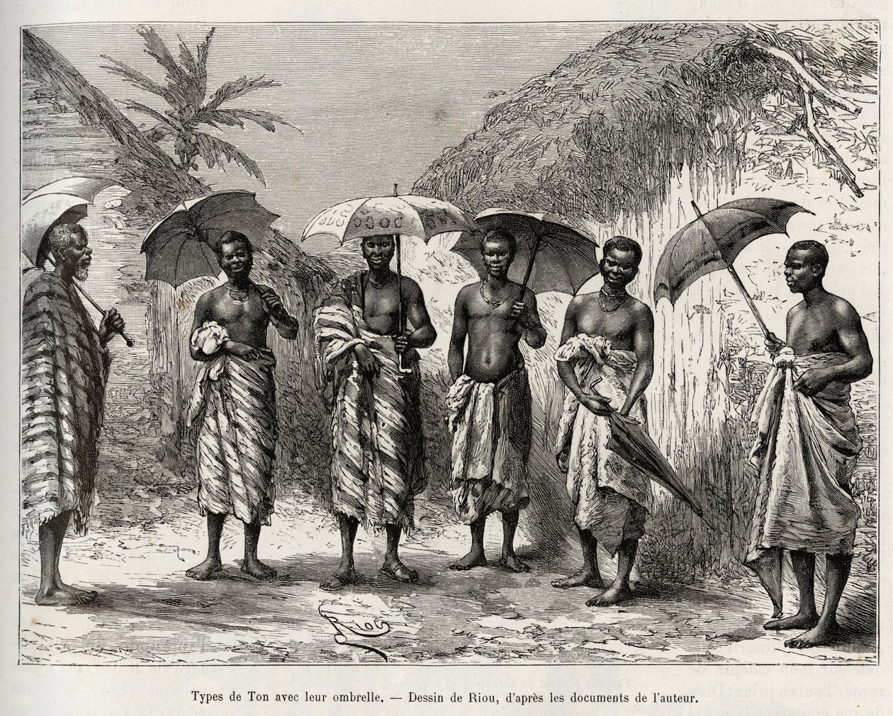 Tipo de tom com o guarda-chuva deles. Gravado por Riou, para ilustrar a história "From Niger to the Gulf of Guinee" do Capitão Louis Gustave Binger (1856-1936), em 1887-1889, em Le tour du monde, nouveau journal des voyages, sob a direcção de Edouard Char de Edouard Riou