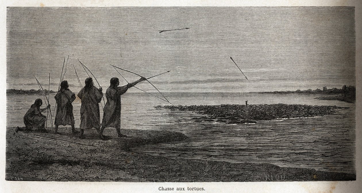 A caça de tartarugas, entre os conibos índios do Peru, desenhada por Riou para ilustrar a viagem, de 1848 a 1860, de P. Marcoy, do Oceano Pacífico para o Oceano Atlântico. Gravura em "Le tour du monde", editado por Edouard Charton de Edouard Riou