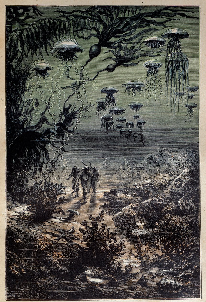 Piso subaquático. Ilustração de Edouard Riou (1833-1900) para o romance "Twenty thousand leagues under the seas" de Jules Verne (1828-1905) Coleção Privada do século XIX de Edouard Riou