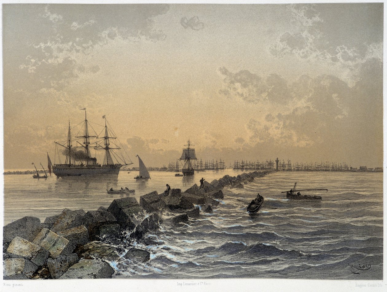 Vista do Canal em "Inauguração do Canal de suez por G. Nicole". 1869 de Edouard Riou