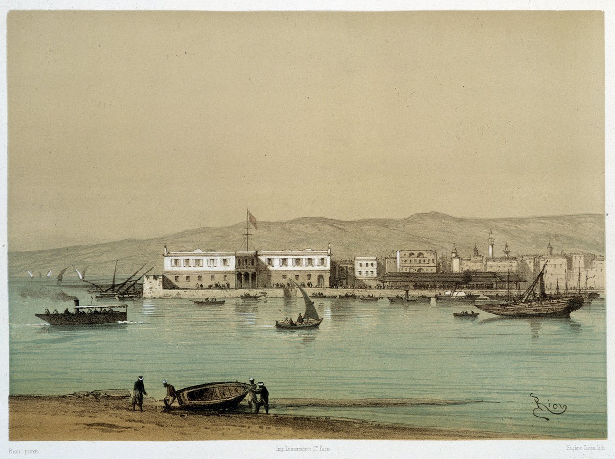 Vista do Canal em "Inauguração do Canal de suez por G. Nicole". 1869 de Edouard Riou