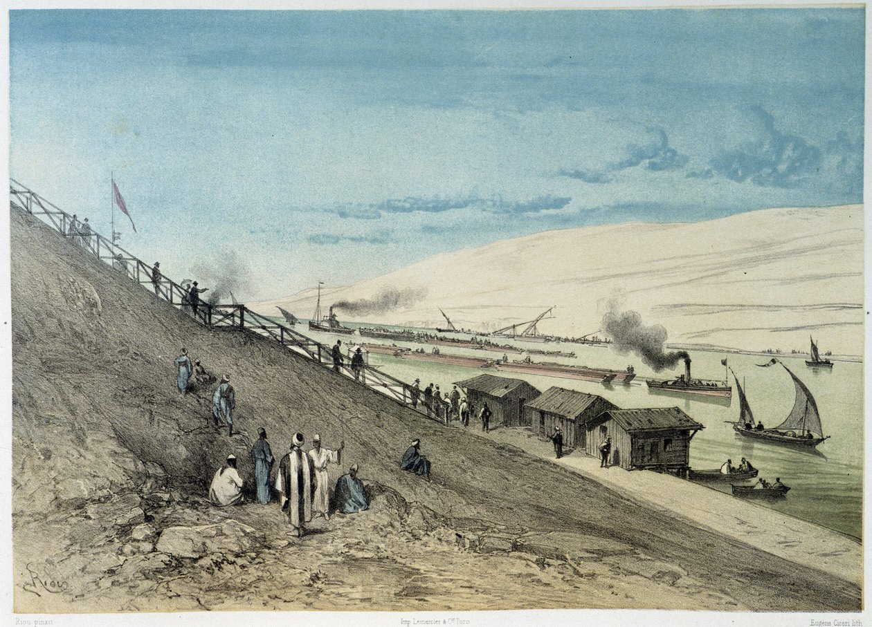 Vista do canal em "Inauguração do Canal de Suez por G. Nicole". 1869 de Edouard Riou