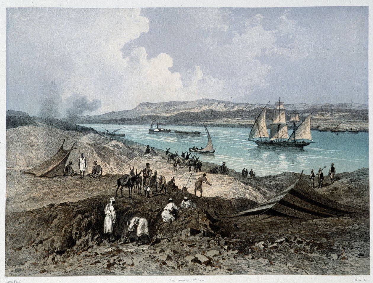 Vista do canal em "Inauguração do Canal de Suez por G. Nicole". 1869 de Edouard Riou