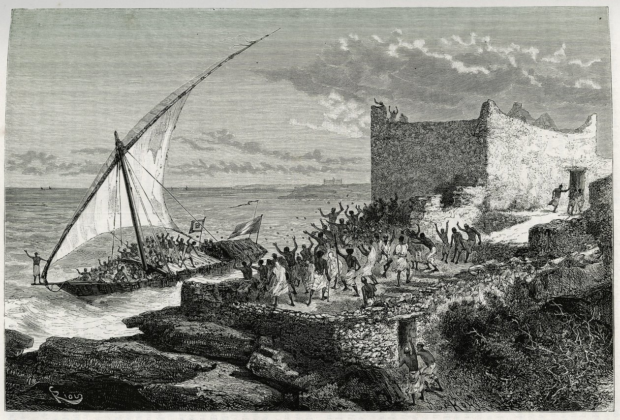 Com o esterco dos viajantes que entram no porto de Moguedouchou (Mogadíscio), os marinheiros fazem um barulho enorme para atrair as pessoas que os recebem com gritos de entusiasmo. Gravado por Riou, para ilustrar a história "Voyage chez les Benadir, les so de Edouard Riou