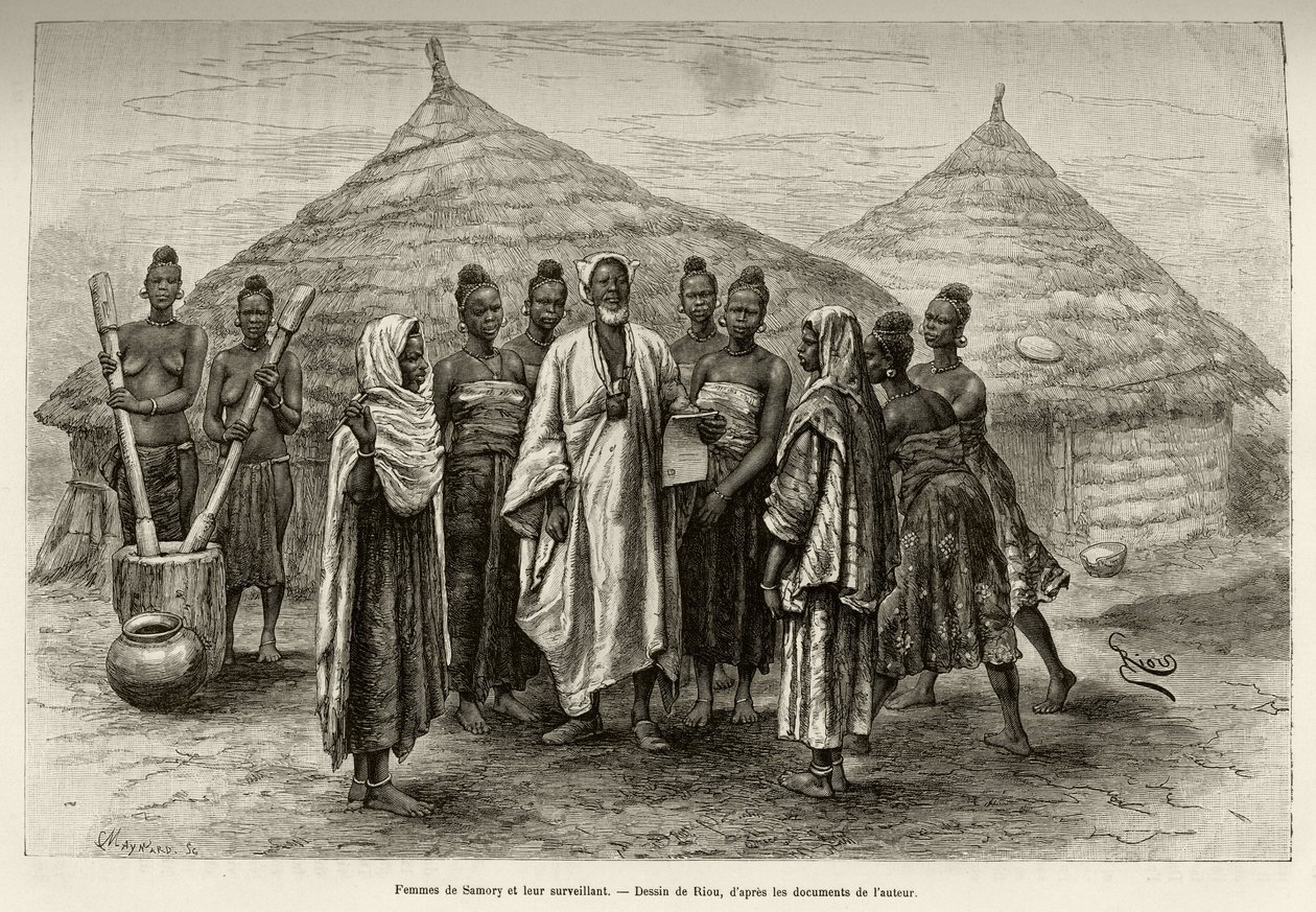 Mulheres de Samory Toure (cerca de 1835-1898), chefe de guerra do círculo do Níger e seu supervisor, Sonninke, que sabe ler e escrever em árabe, como prova o papel que ele segura na mão. Gravura de Riou, para ilustrar a história "From Niger to the Gulf de Edouard Riou