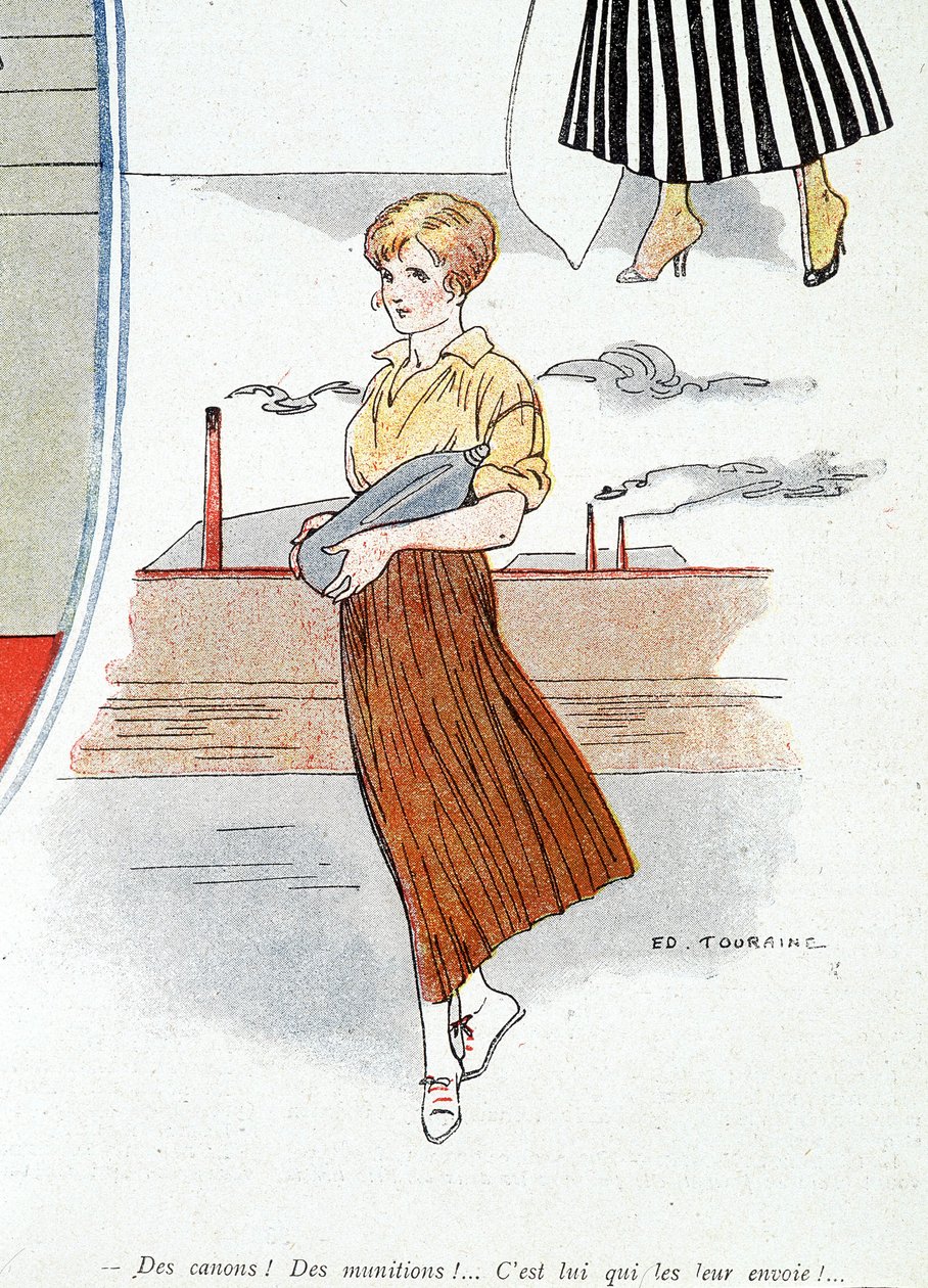 Mulher a fazer munições para a guerra de 1914-1918. "Camiões! Munições! Ele envia-as!" Em "Baioneta", a 25/11/1915 (gravura) de Edouard Touraine