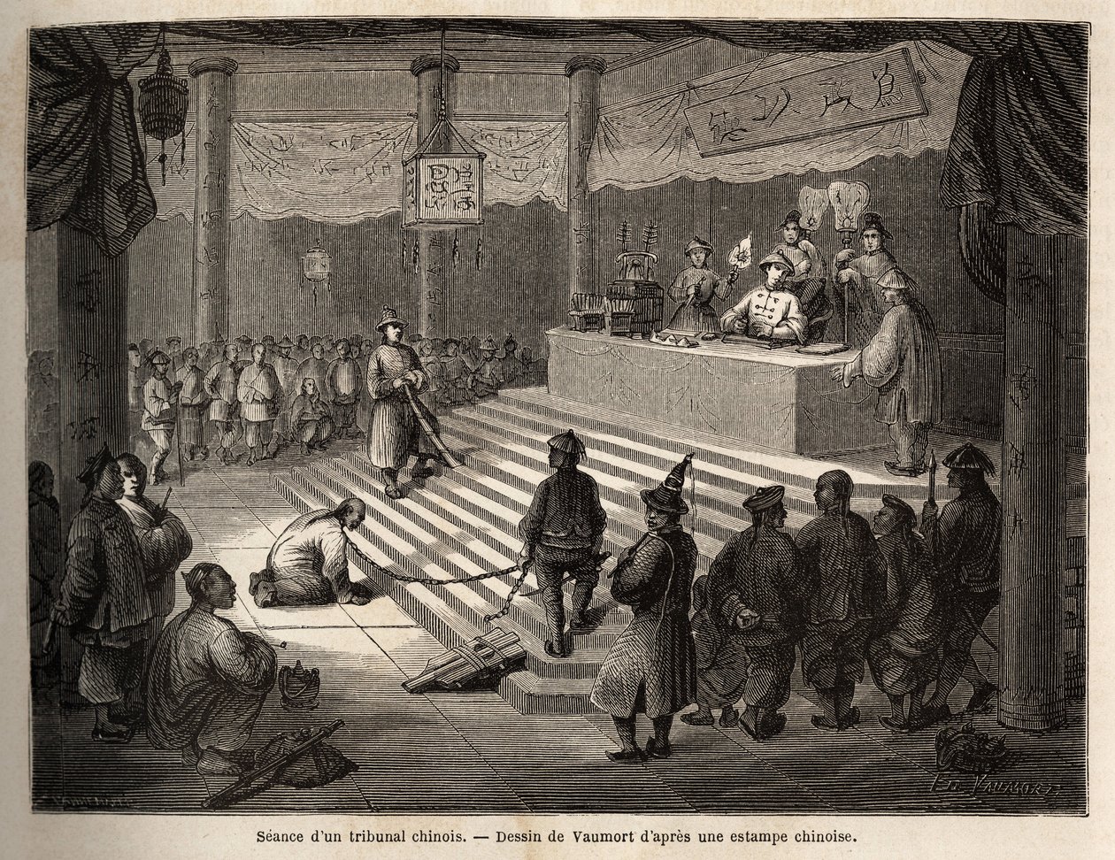 Um tribunal chinês, o acusado aparece no tribunal rodeado por um gendarme que o mantém acorrentado e seu açougueiro, desenhado por Vaumort (? -1886), para ilustrar a viagem de Xangai a Moscou, de 1859 a 1862, de M. de Bourboulon, ministro francês a Ch de Edouard Vaumort