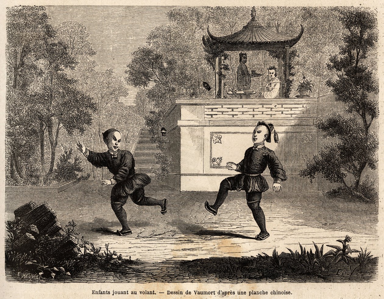 Crianças chinesas brincando ao volante (bola de couro, anéis de metal pesado e 3 longas penas implantadas), sob a supervisão da mãe, desenhadas por Vaumort (? -1886), para ilustrar a viagem de Shangai a Moscou, de 1859 a 1862, de M. de Bourb de Edouard Vaumort