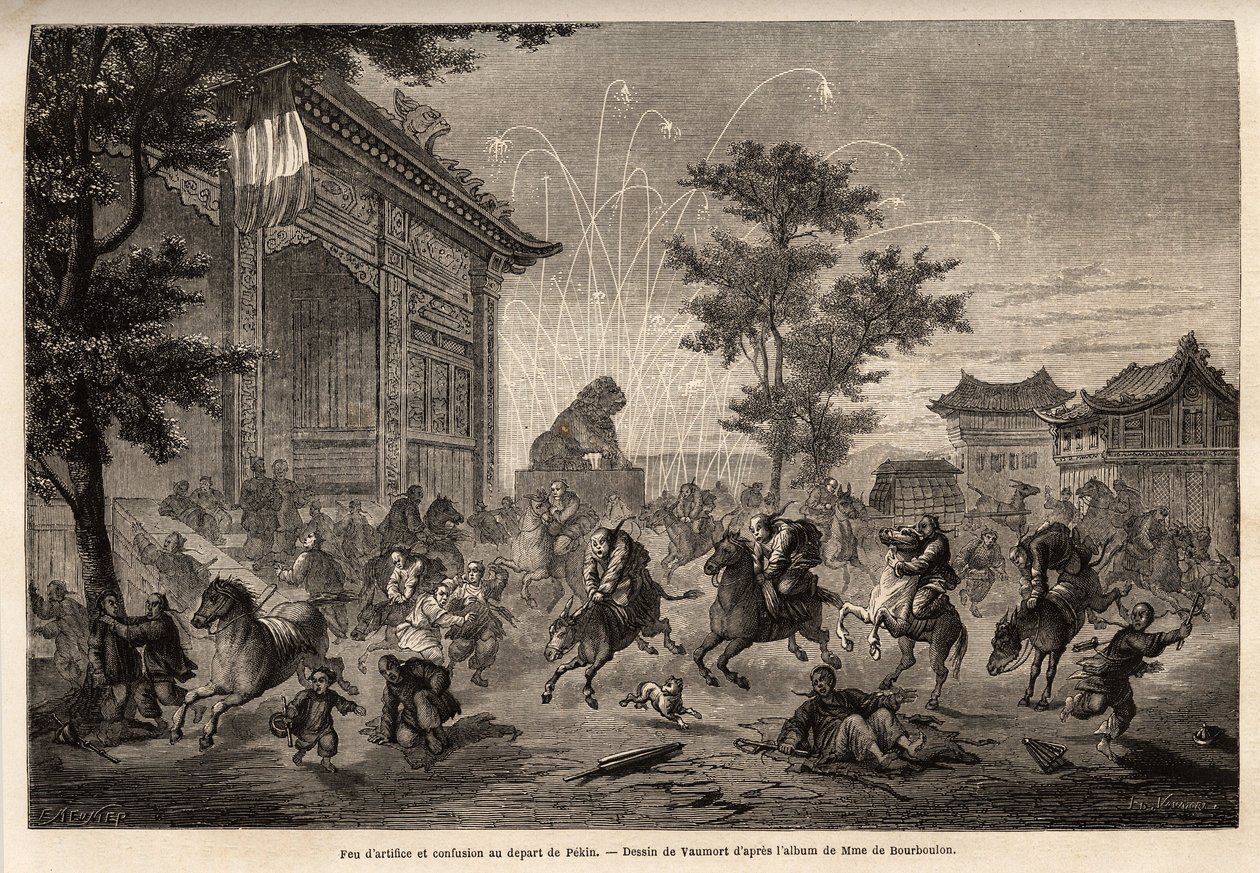 Fogo de artifício em Pekin e confusão da tripulação da legação francesa na partida para a Mongólia. Desenho de Vaumort (? -1886), para ilustrar a viagem de Shanghai a Moscovo, de 1859 a 1862, de M. de Bourboulon, ministro francês à China. Gravura de Edouard Vaumort