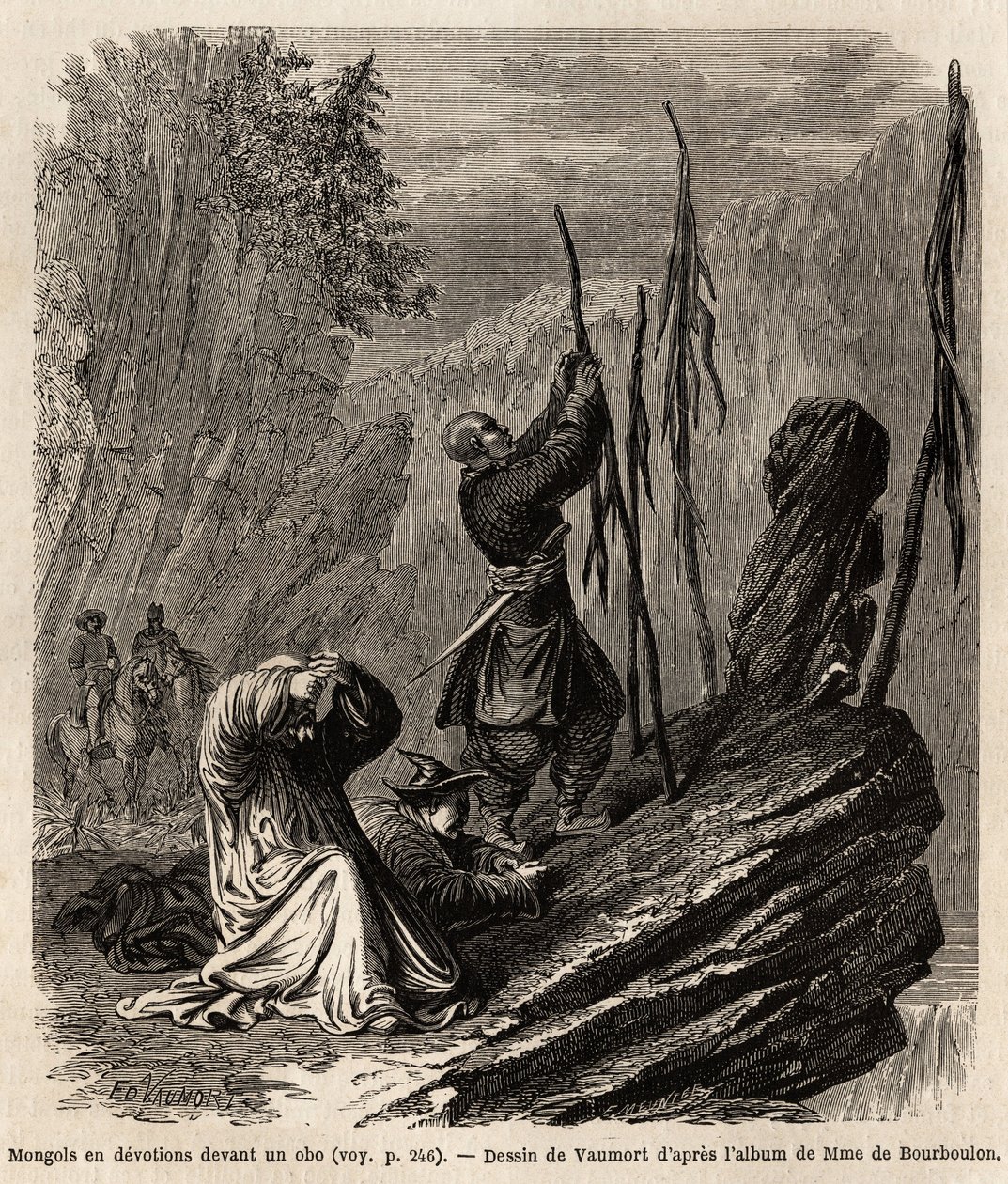 Mongóis em devoção a um obo, perto das montanhas Bakka e Mongólia, desenhados por Vaumort (? -1886) para ilustrar a viagem de Shangai a Moscovo, de 1859 a 1862, de M. de Bourboulon, ministro francês à China. Gravura em "Le tour du monde", editar de Edouard Vaumort